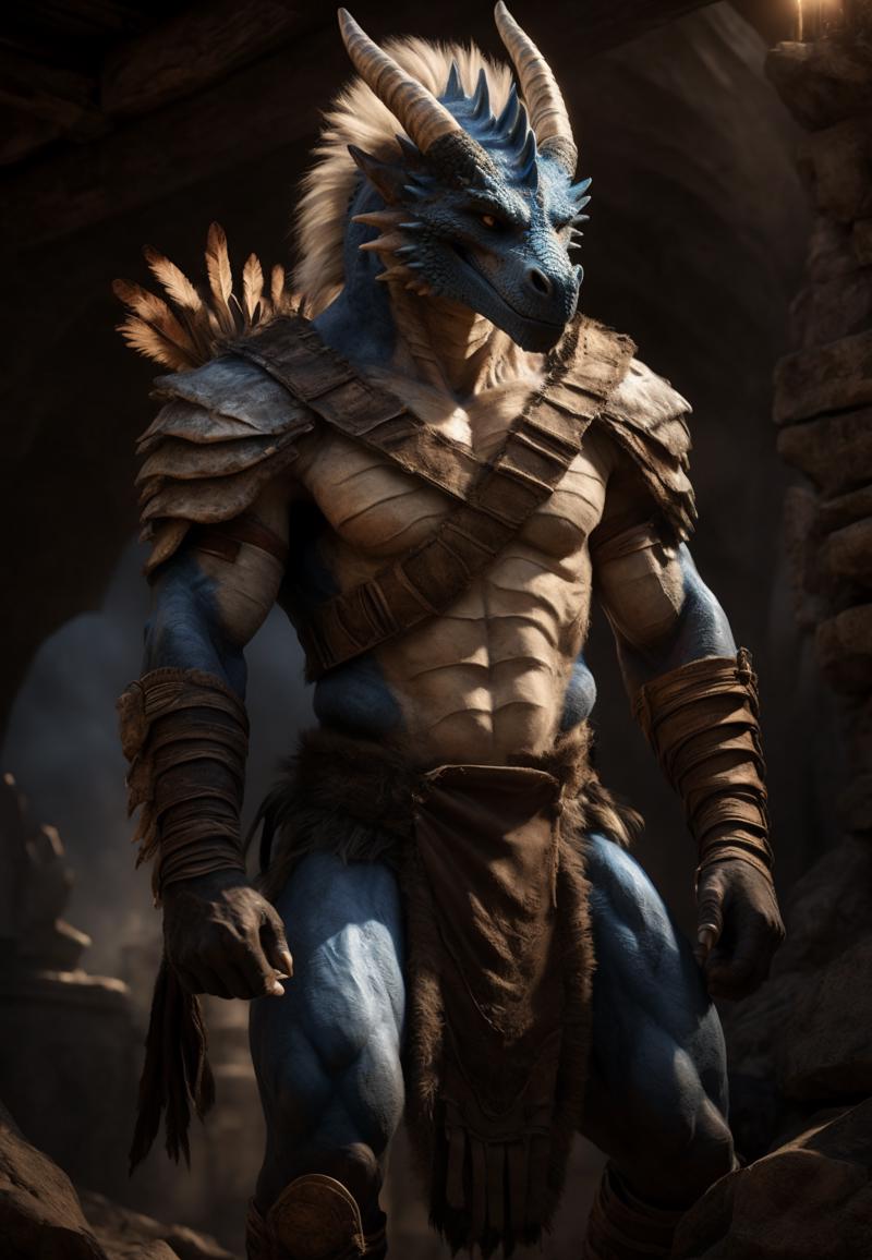 38680-3349873723-uploaded on e621, (male anthro dragon), standing, solo, muscle, detailed scale texture, old castle, (battlefield), (tribal cloth.png